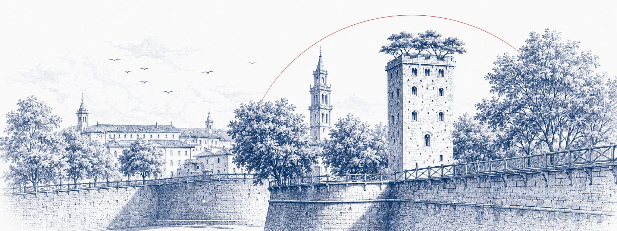 Richiamo grafico alle mura di Lucca e alla Torre Guinigi